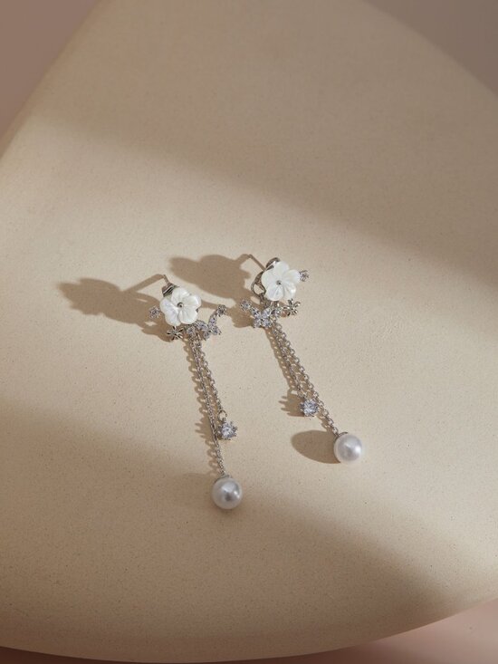 Jewelry - White Gold Floral Pearl Drop Earrings Bridal 925